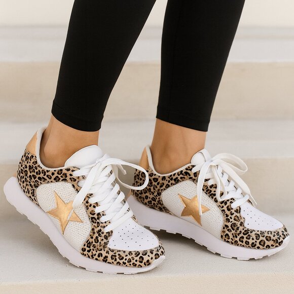 Makers Shoes - Leopard Print Sneakers with Gold Star Detail Trendy Casual Fashion Shoes Size 10